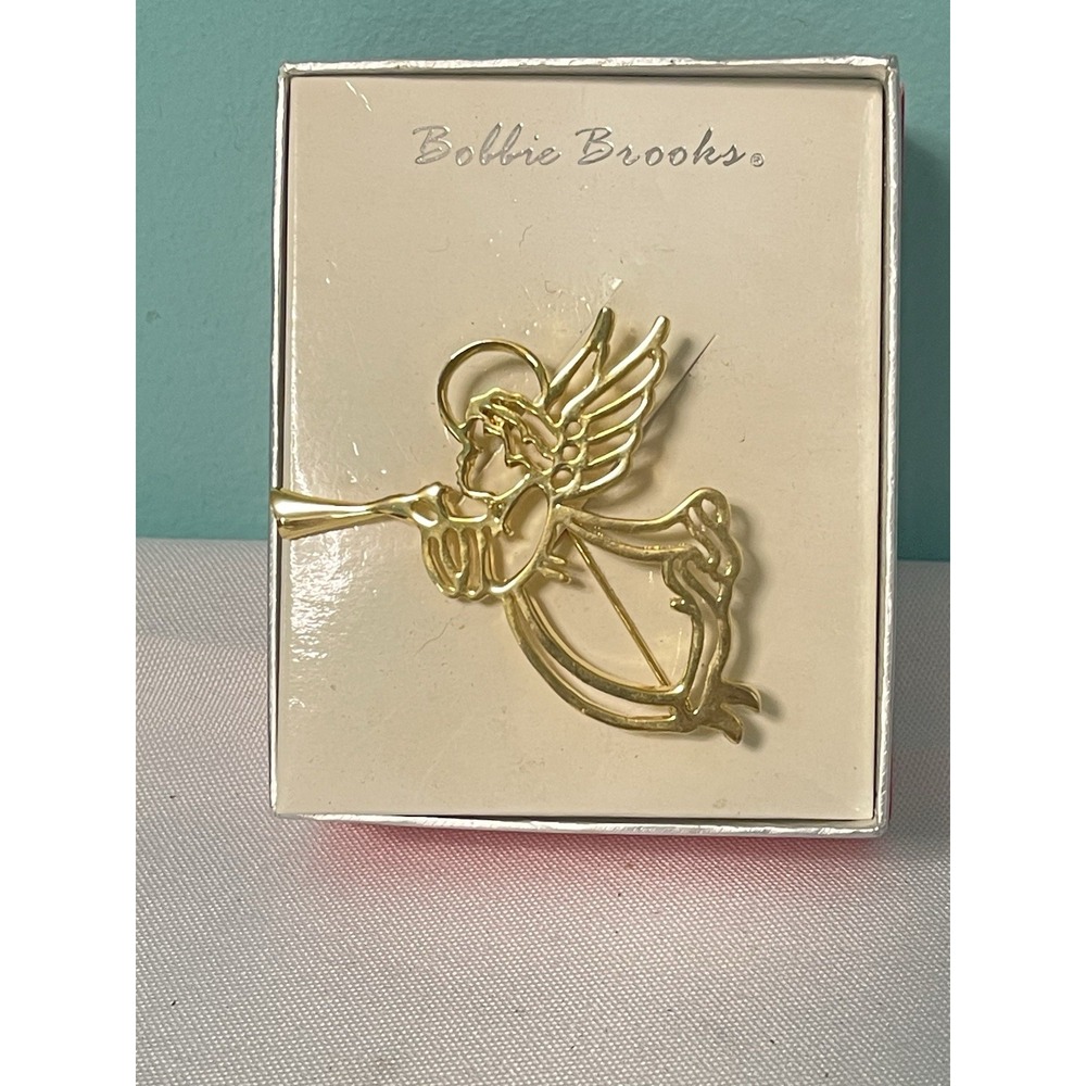Vintage Bobbie Brooks Signed Large Angel‎ Gold Tone Brooch, 2.5" High, New Bin-Z
